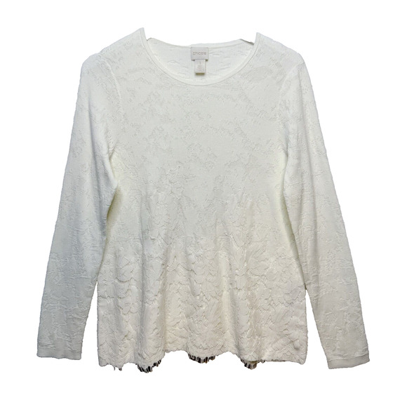 CHICOS Lace Overlay Sweater Lightweight All Seasons Feminine Ivory Sz 1 US 8/M - Picture 1 of 8